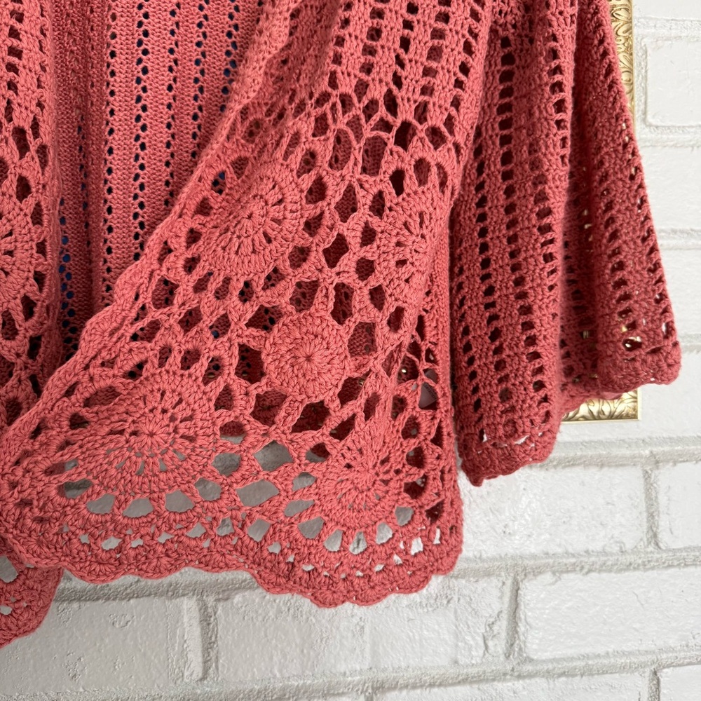 PORSESA Vintage 90s Mauve Open Knit Crochet Cardigan Sweater Women’s M/L Hippie - Picture 4 of 7